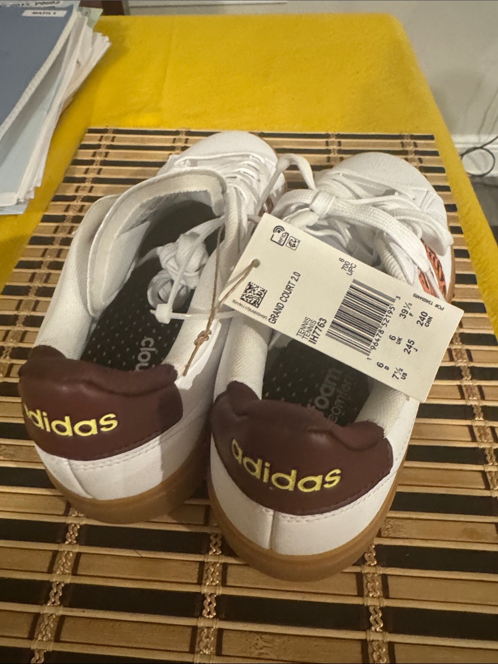 adidas White Leather Sneakers with Brown Heel and Yellow Logo